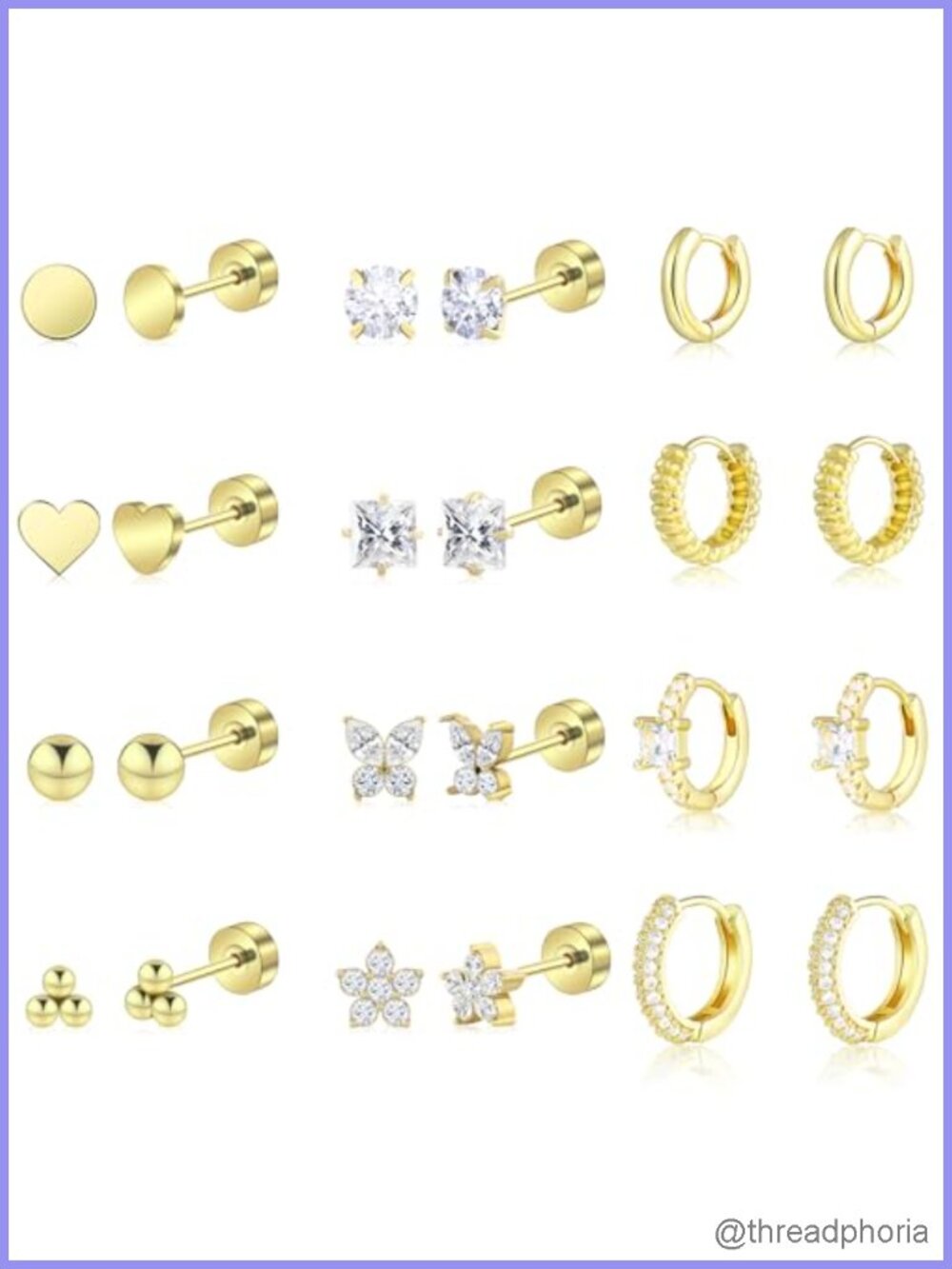12 Pairs Surgical Steel Gold Plated Earrings Flat Back Stud Hoop Set